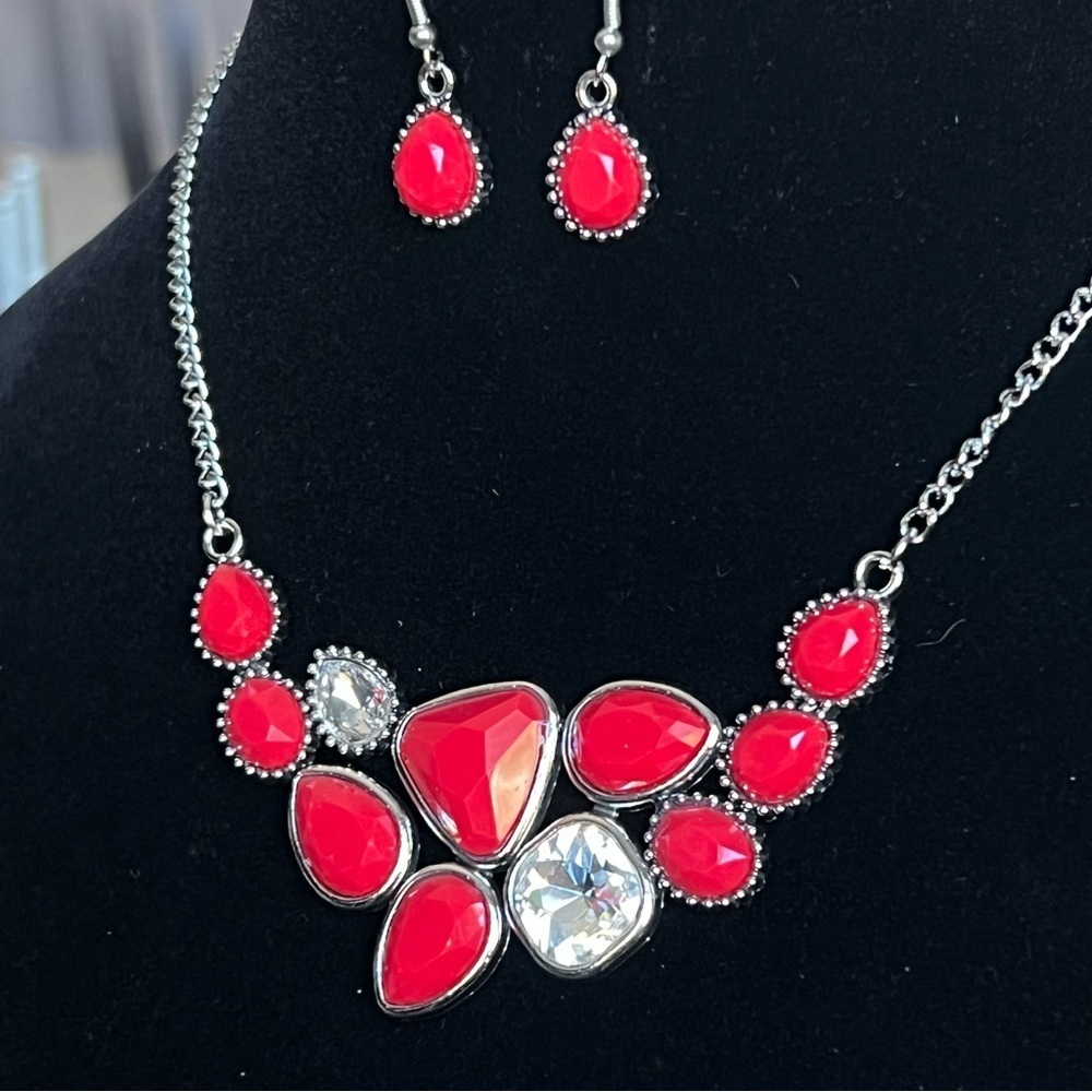 NEW necklace and Earring Set custom Jewelry, red and silver tone